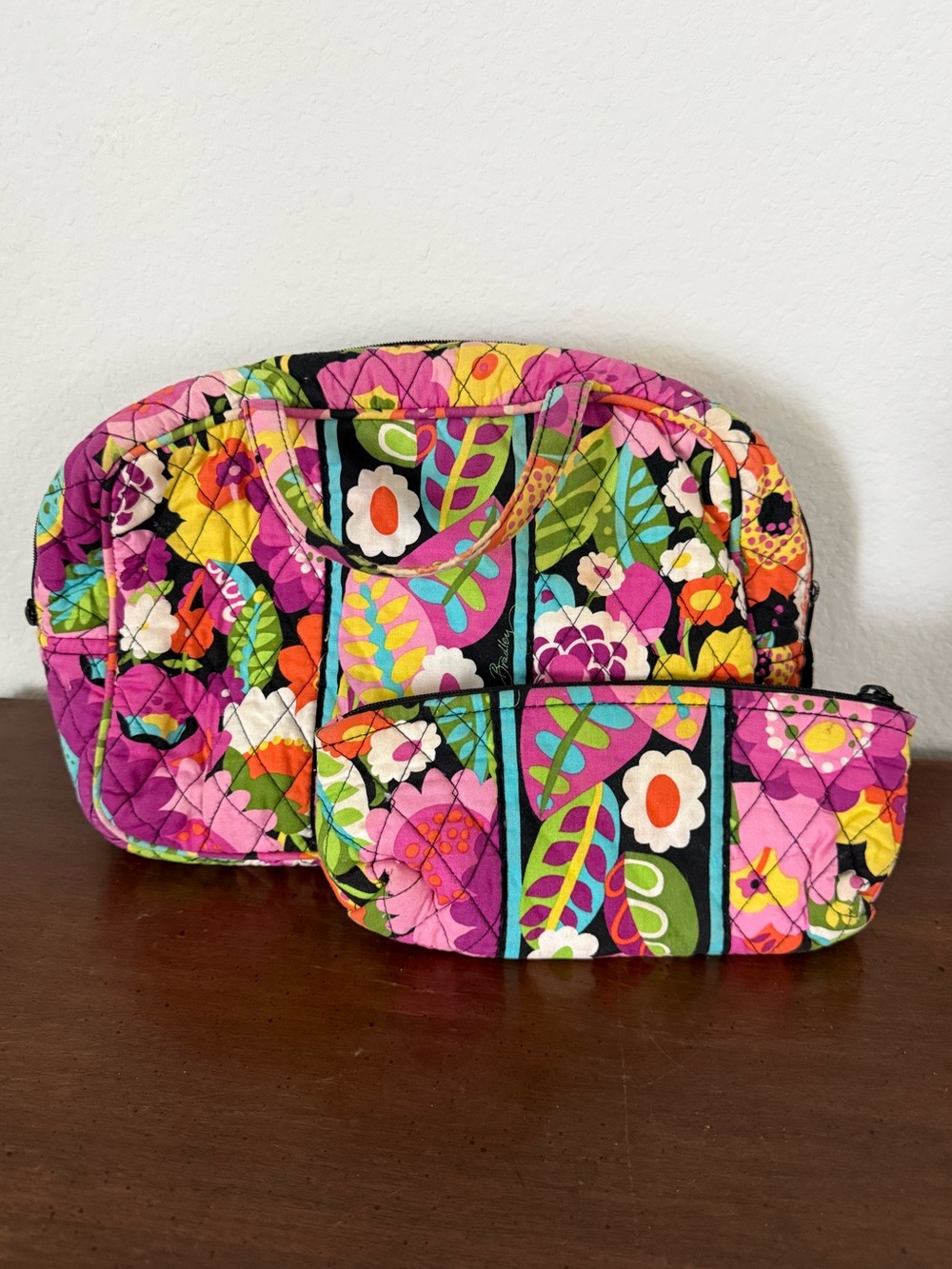 Vera Bradley Va Va Bloom Purple Quilted  Cosmetic Bag & Cosmetic Brush Bag